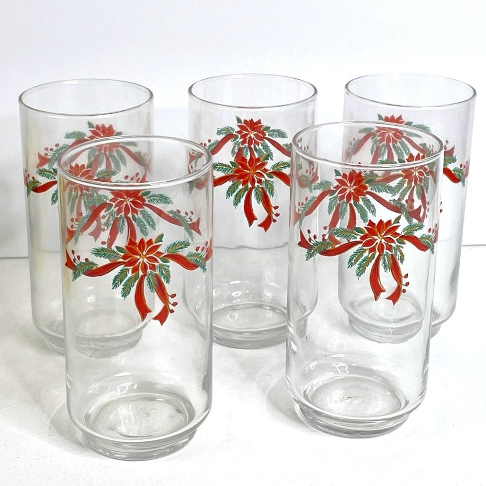 Vintage Set of 5 Libbey Poinsettia & Ribbon 16 oz Cooler Glasses Glass Tumblers